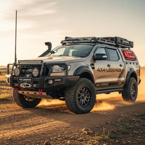 A beige Ford Ranger with extensive 4x4 Legends off-road gear driving through a dusty, sunlit landscape.