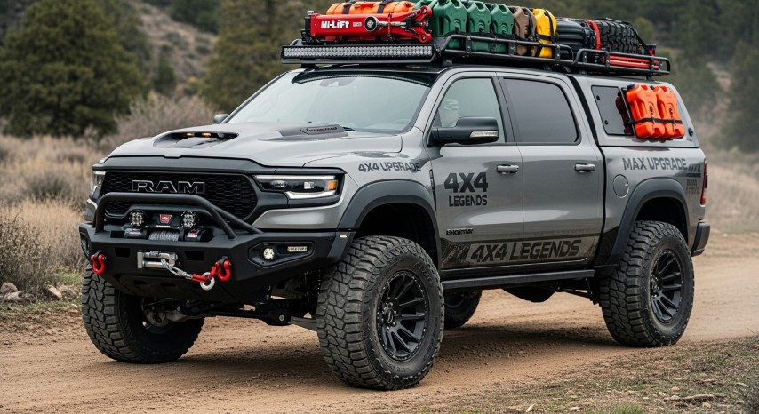 A grey RAM TRX truck modified by 4x4 Legends with a roof rack and off-road bumper, parked on a dirt path.