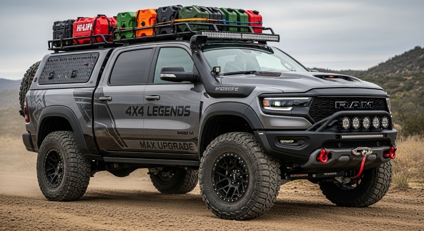 A grey RAM TRX with a full set of off-road accessories from 4x4 Legends, including a roof rack with colorful jerry cans.