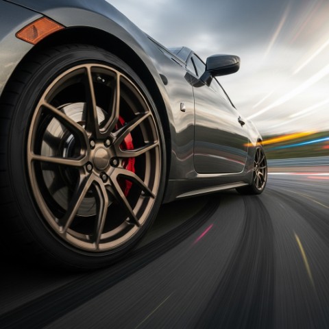 Close-up low-angle shot of custom bronze Stance Forged Alloys on a dark grey sports car in motion.