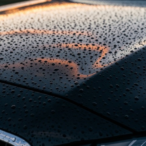 Close-up of a black car hood with perfect water beading, demonstrating the hydrophobic effect of Liquid Diamond Ceramic Coat.
